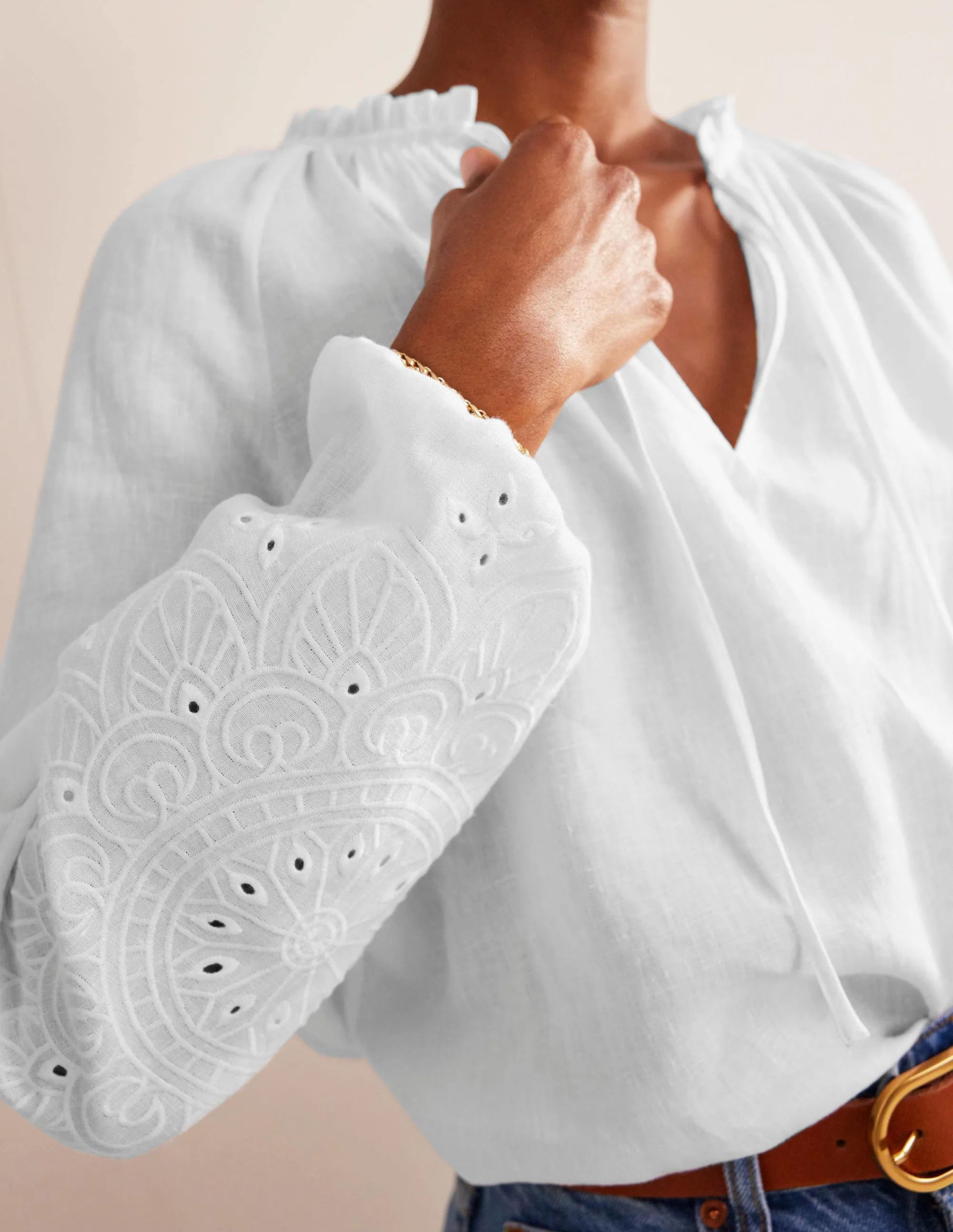 Broderie Tie-Neck Linen Top-White