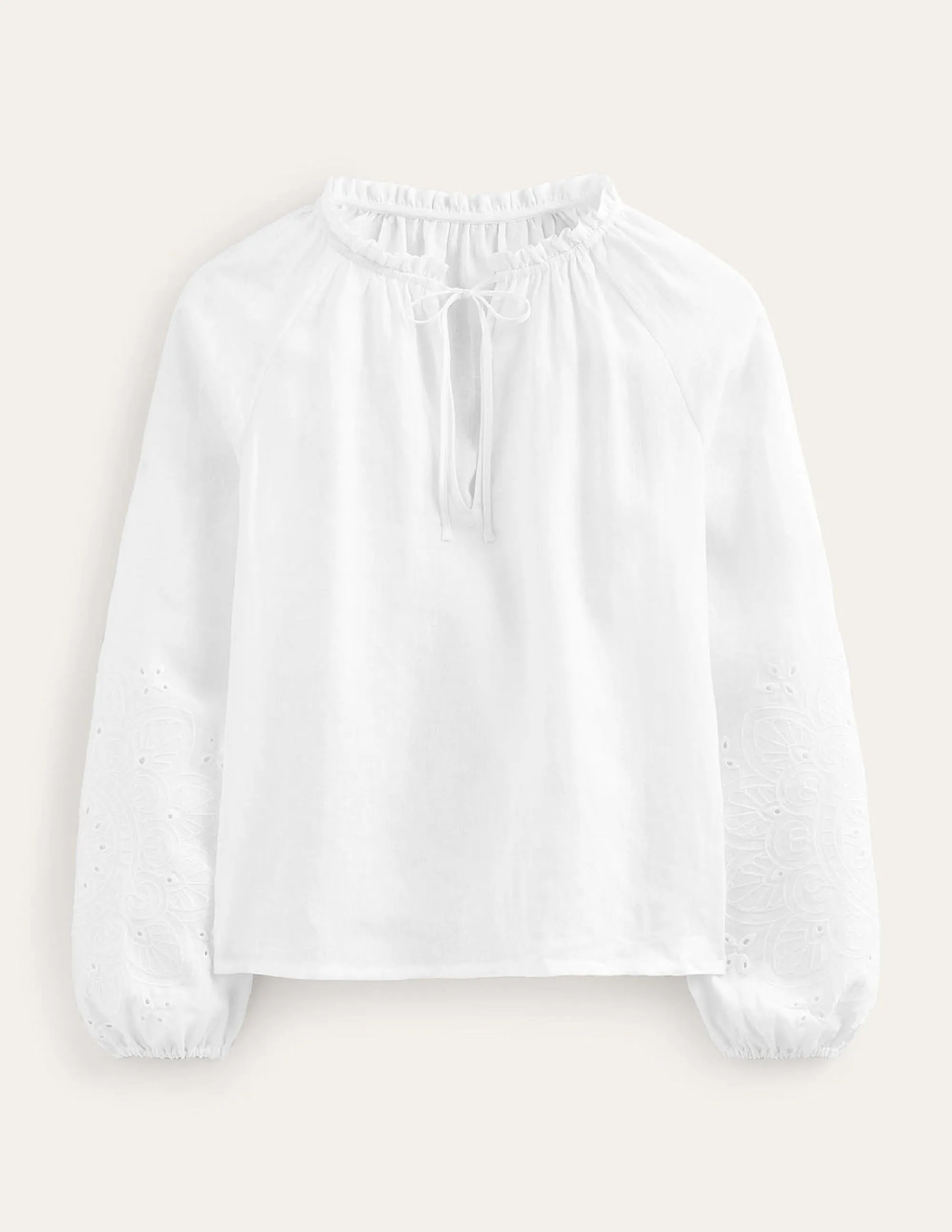 Broderie Tie-Neck Linen Top-White