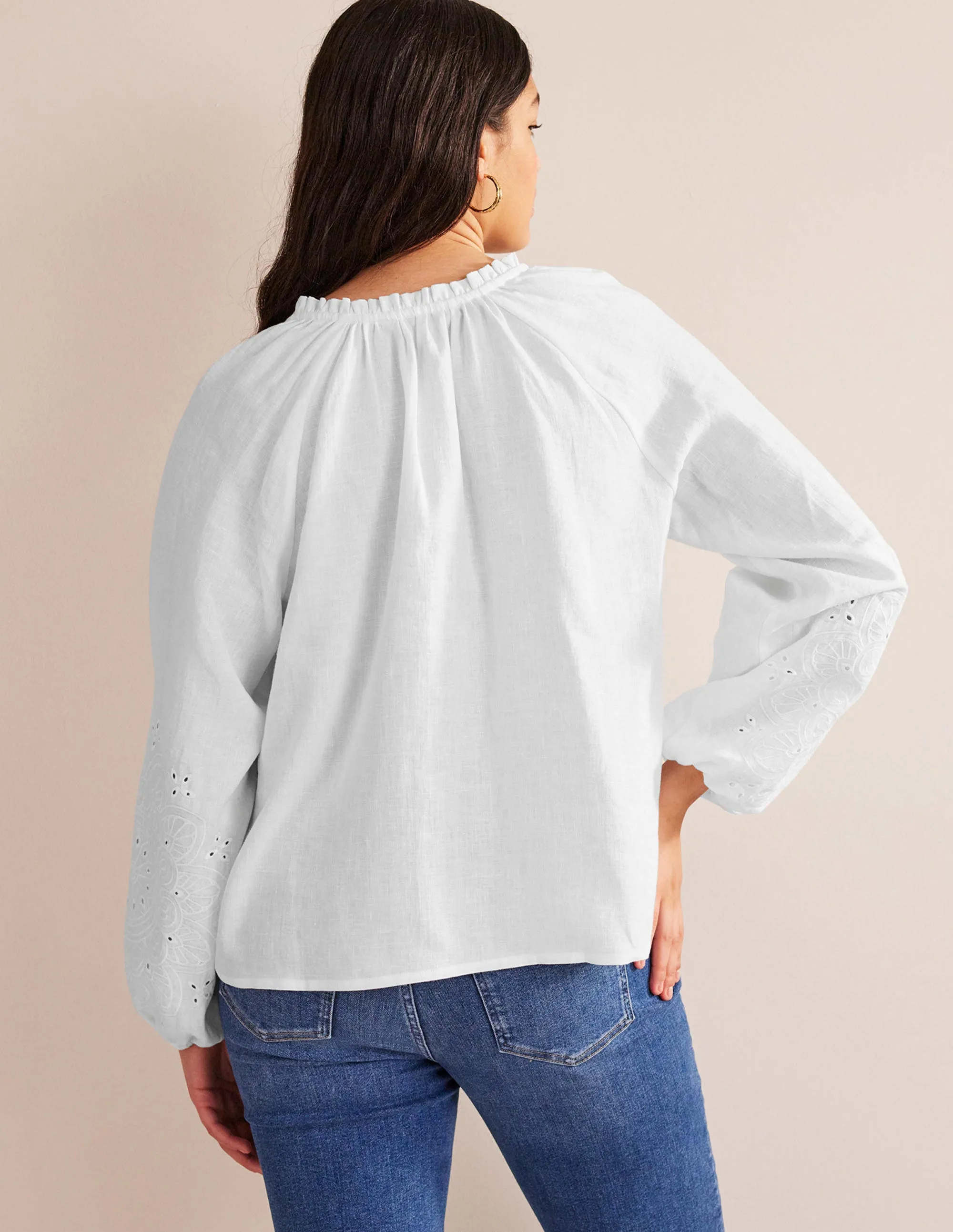 Broderie Tie-Neck Linen Top-White