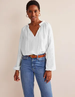 Broderie Tie-Neck Linen Top-White