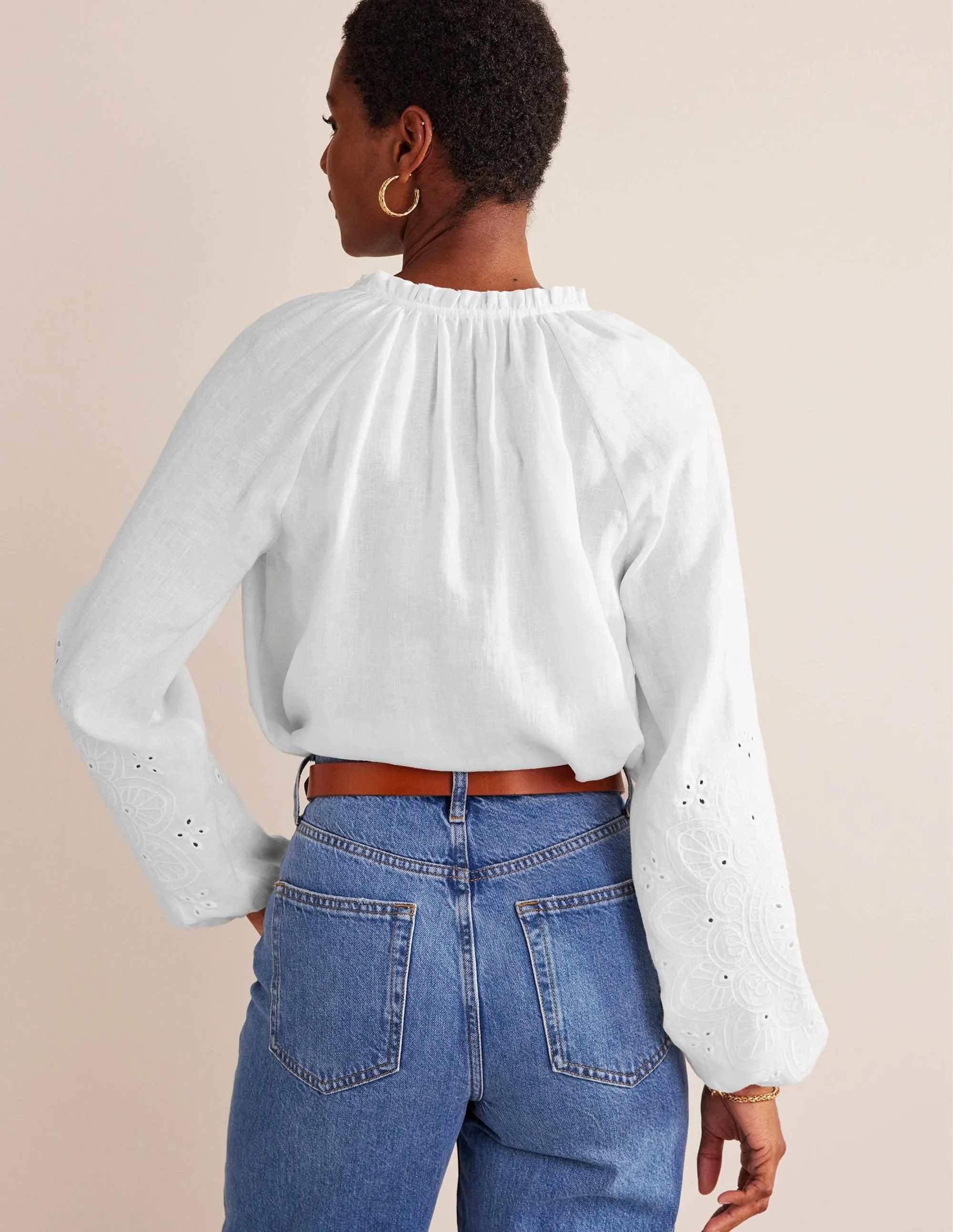 Broderie Tie-Neck Linen Top-White