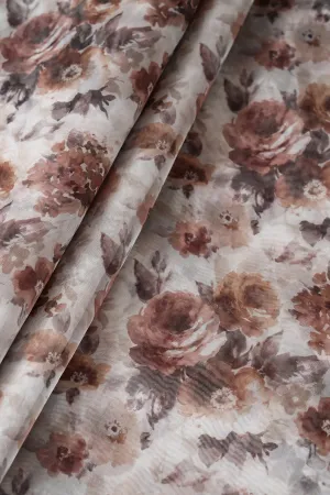Brown Floral Digital Print On White Organza Fabric