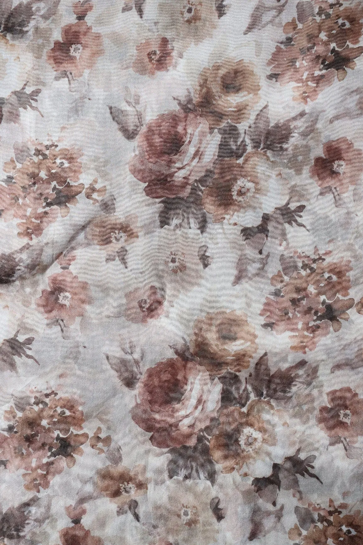 Brown Floral Digital Print On White Organza Fabric