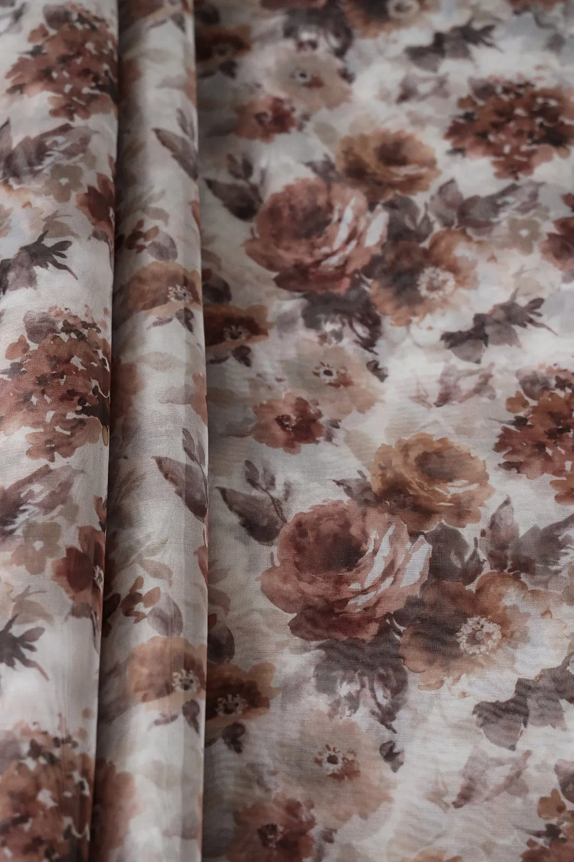 Brown Floral Digital Print On White Organza Fabric