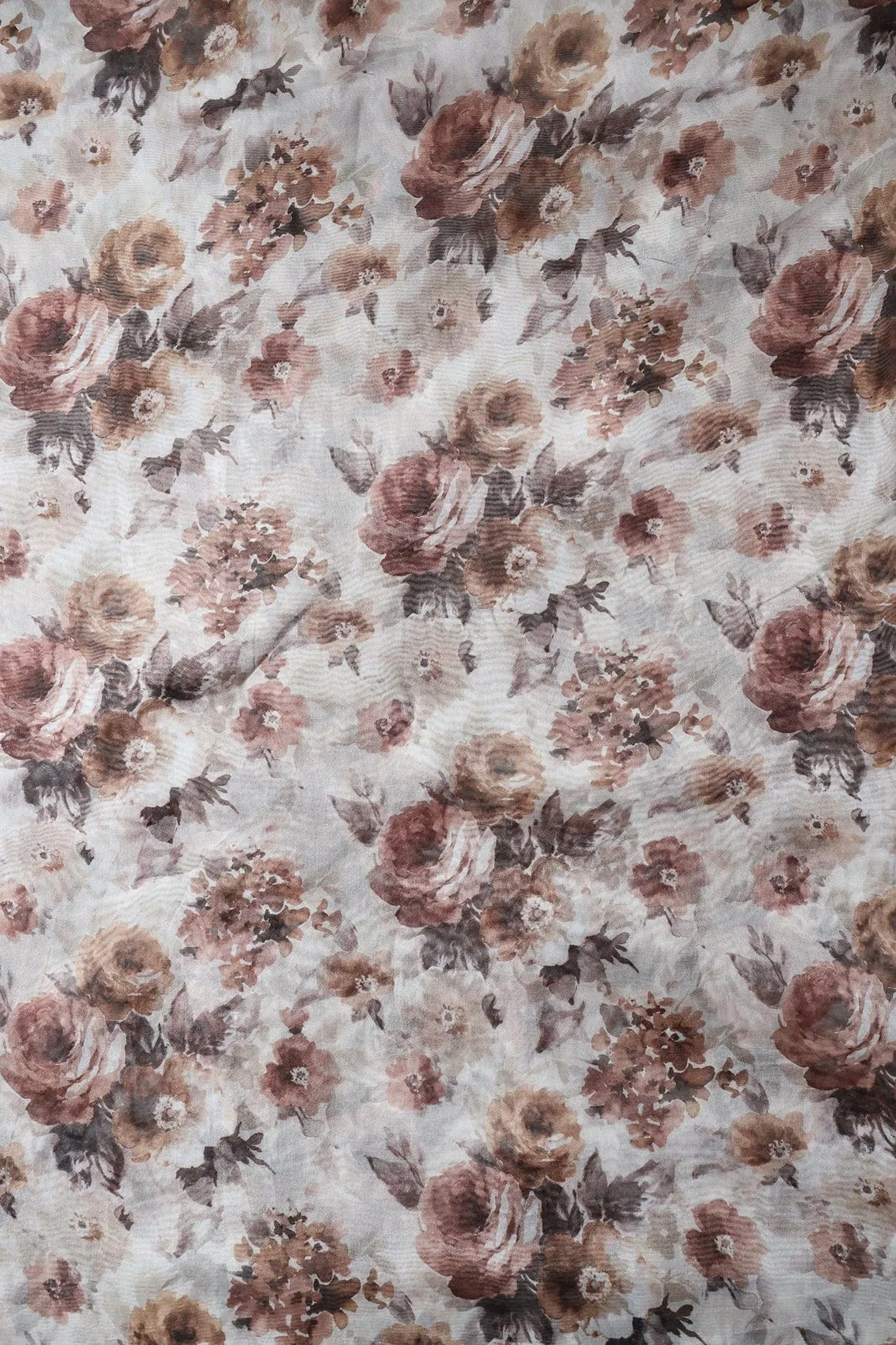 Brown Floral Digital Print On White Organza Fabric