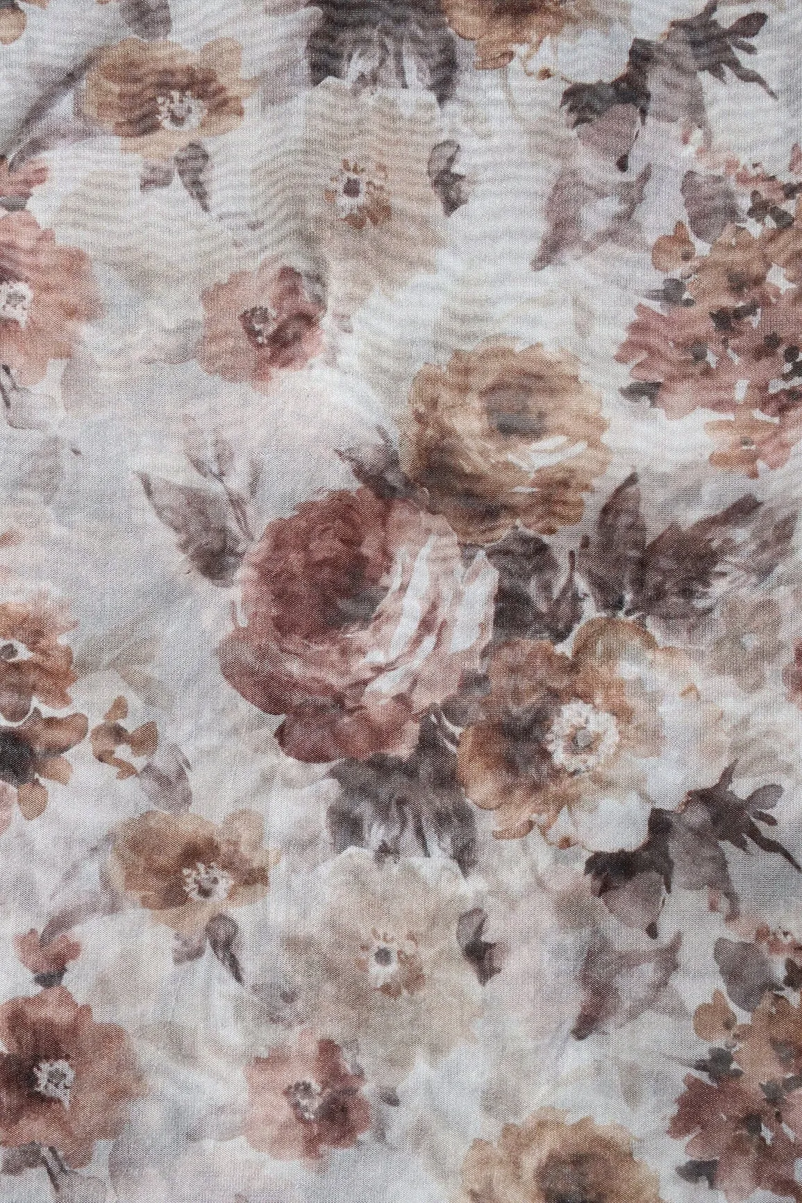 Brown Floral Digital Print On White Organza Fabric