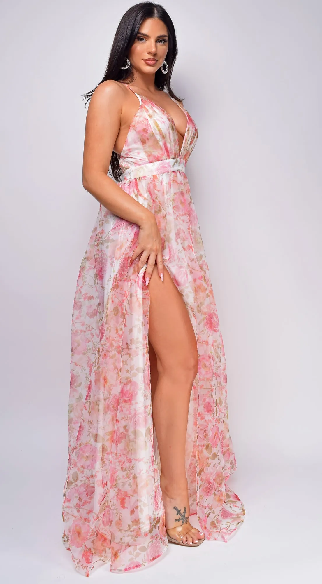 Cairo Pink White Floral Print Maxi Dress