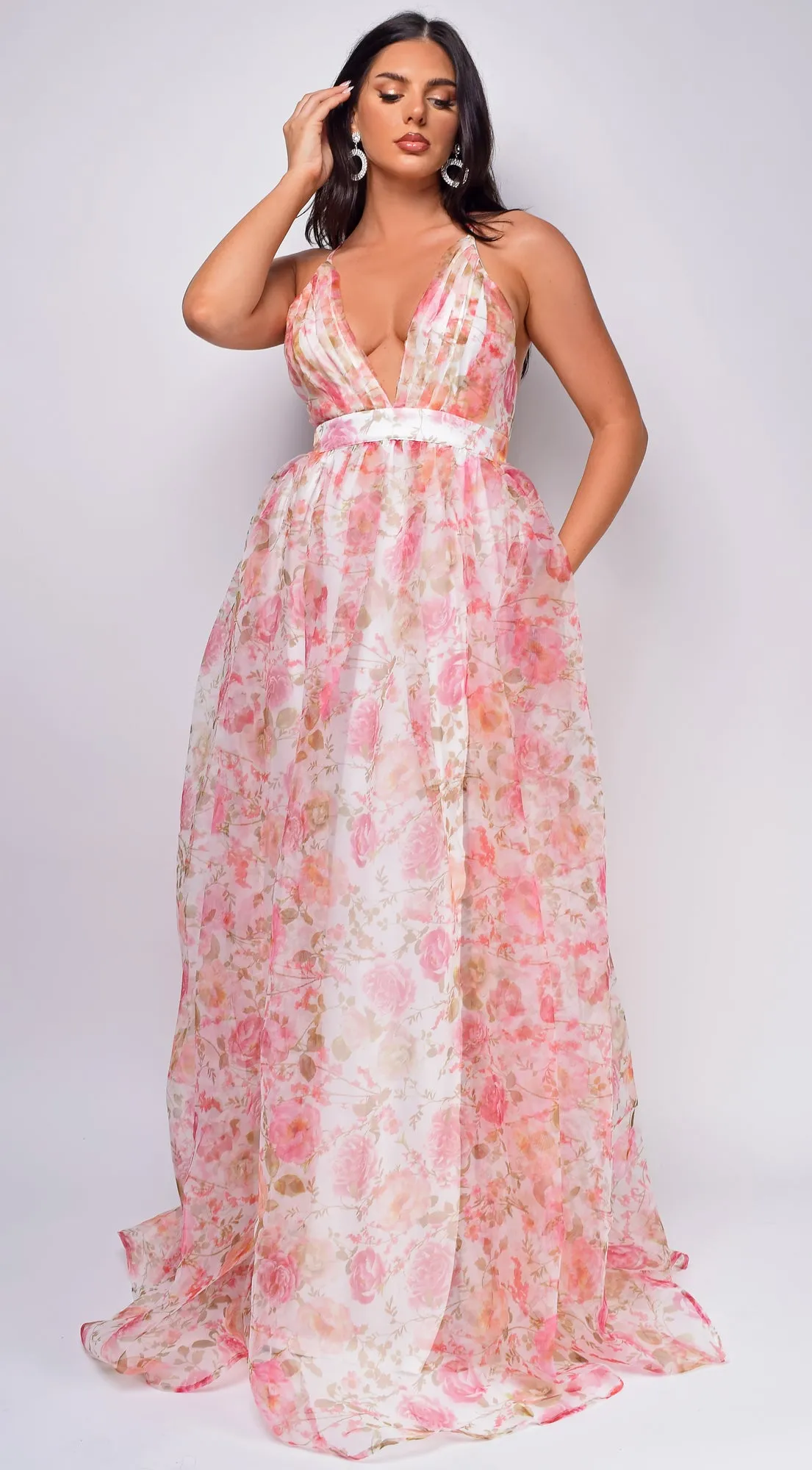 Cairo Pink White Floral Print Maxi Dress