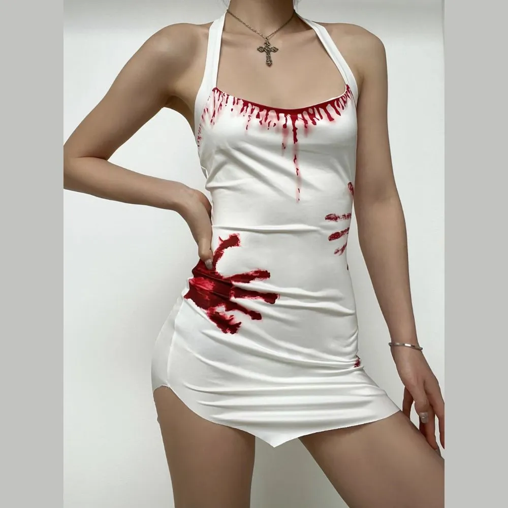 Contrast palm pattern halter backless slit mini dress