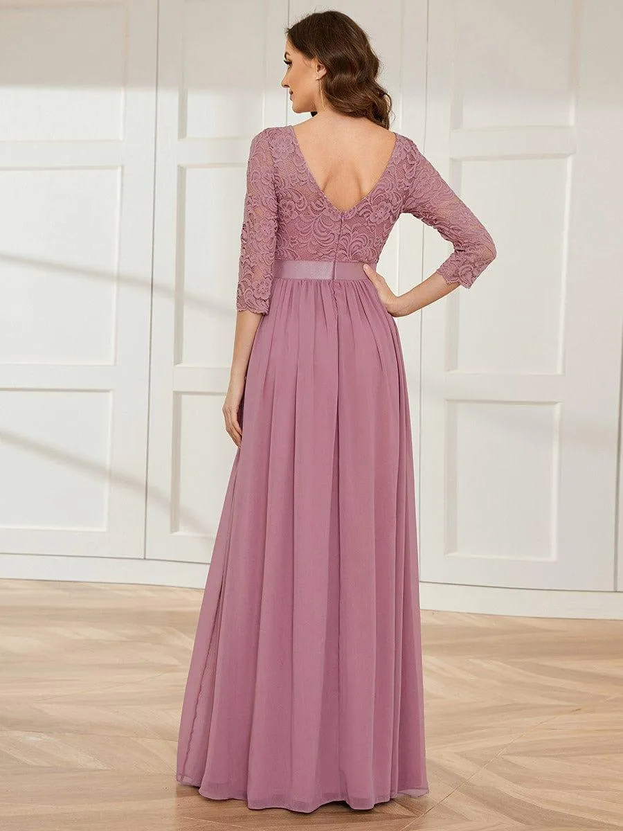 Custom Size See-Through Maxi Lace Evening Dress with Half Sleeve