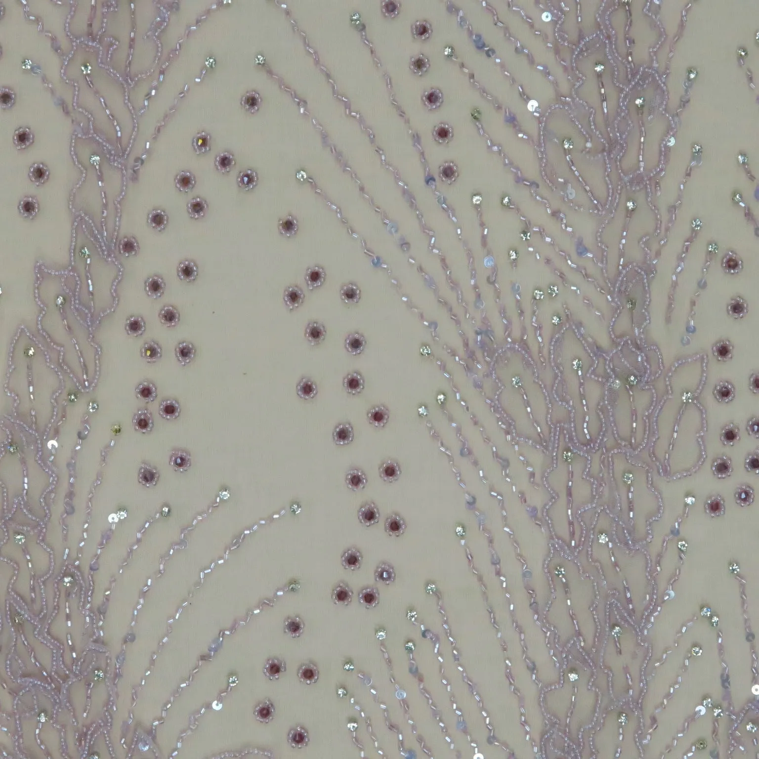 Dark Mauve Modern Floral Bugle Beads and Rhinestones Embroidered Tulle Fabric
