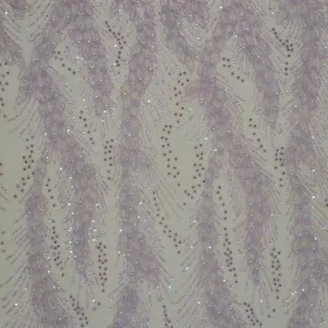 Dark Mauve Modern Floral Bugle Beads and Rhinestones Embroidered Tulle Fabric
