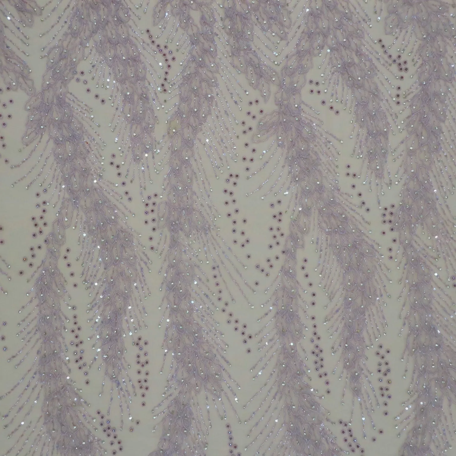Dark Mauve Modern Floral Bugle Beads and Rhinestones Embroidered Tulle Fabric