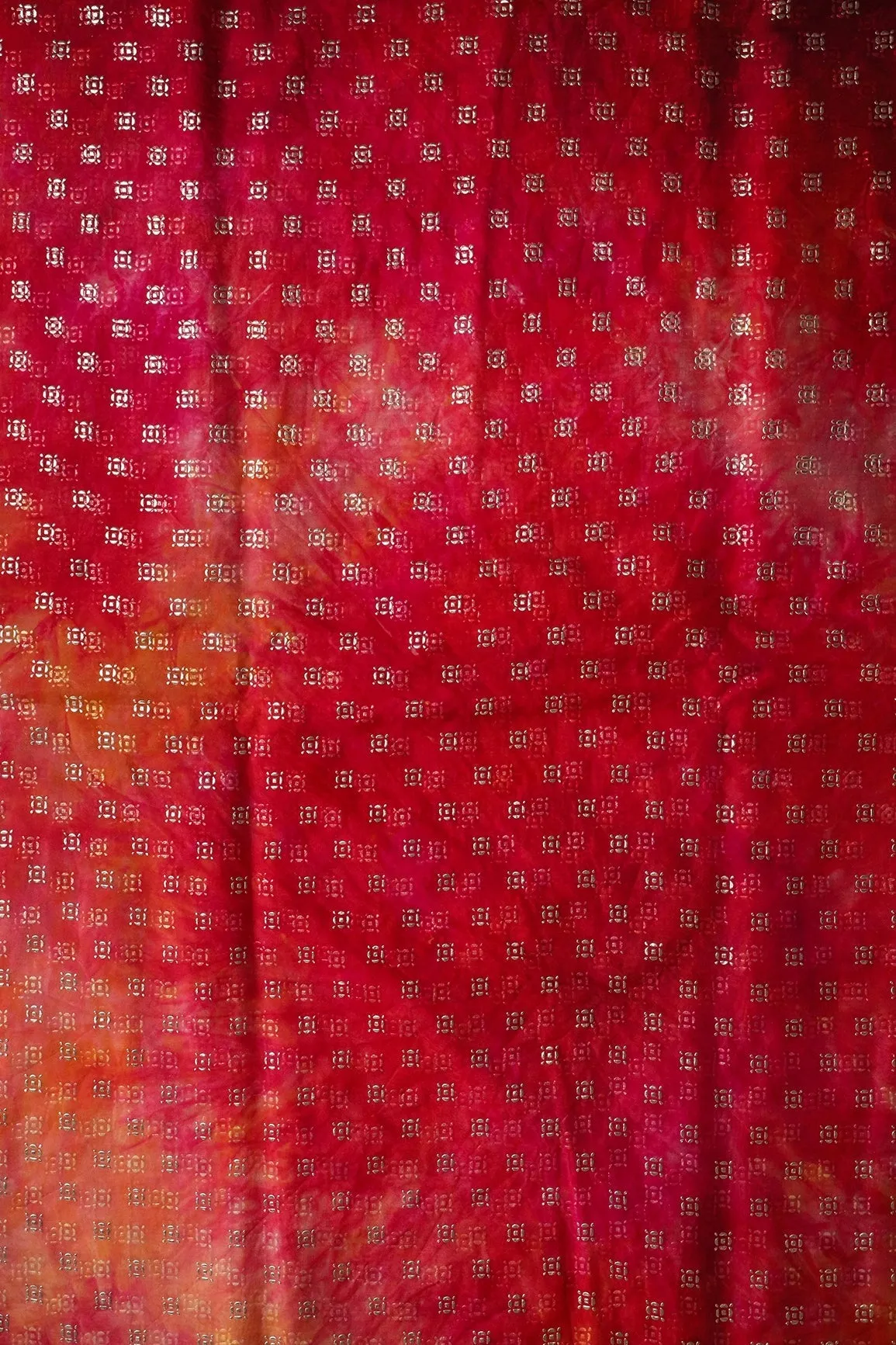 Dark Pink And Orange Tie & Dye Shibori Small Motif Foil Print On Organza Fabric