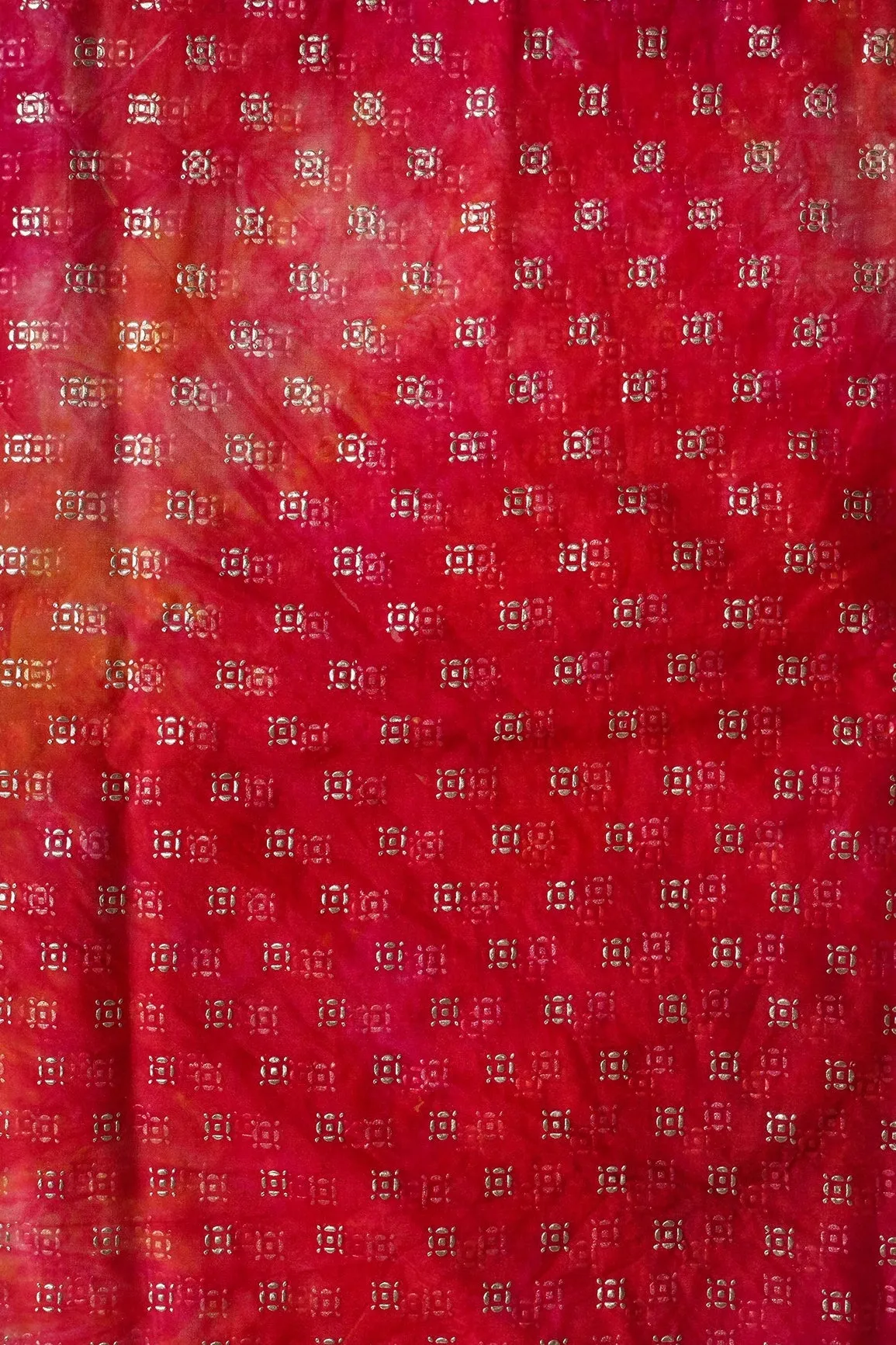 Dark Pink And Orange Tie & Dye Shibori Small Motif Foil Print On Organza Fabric