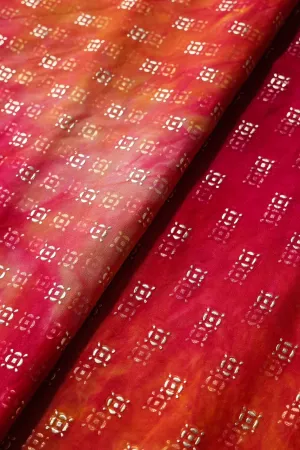 Dark Pink And Orange Tie & Dye Shibori Small Motif Foil Print On Organza Fabric