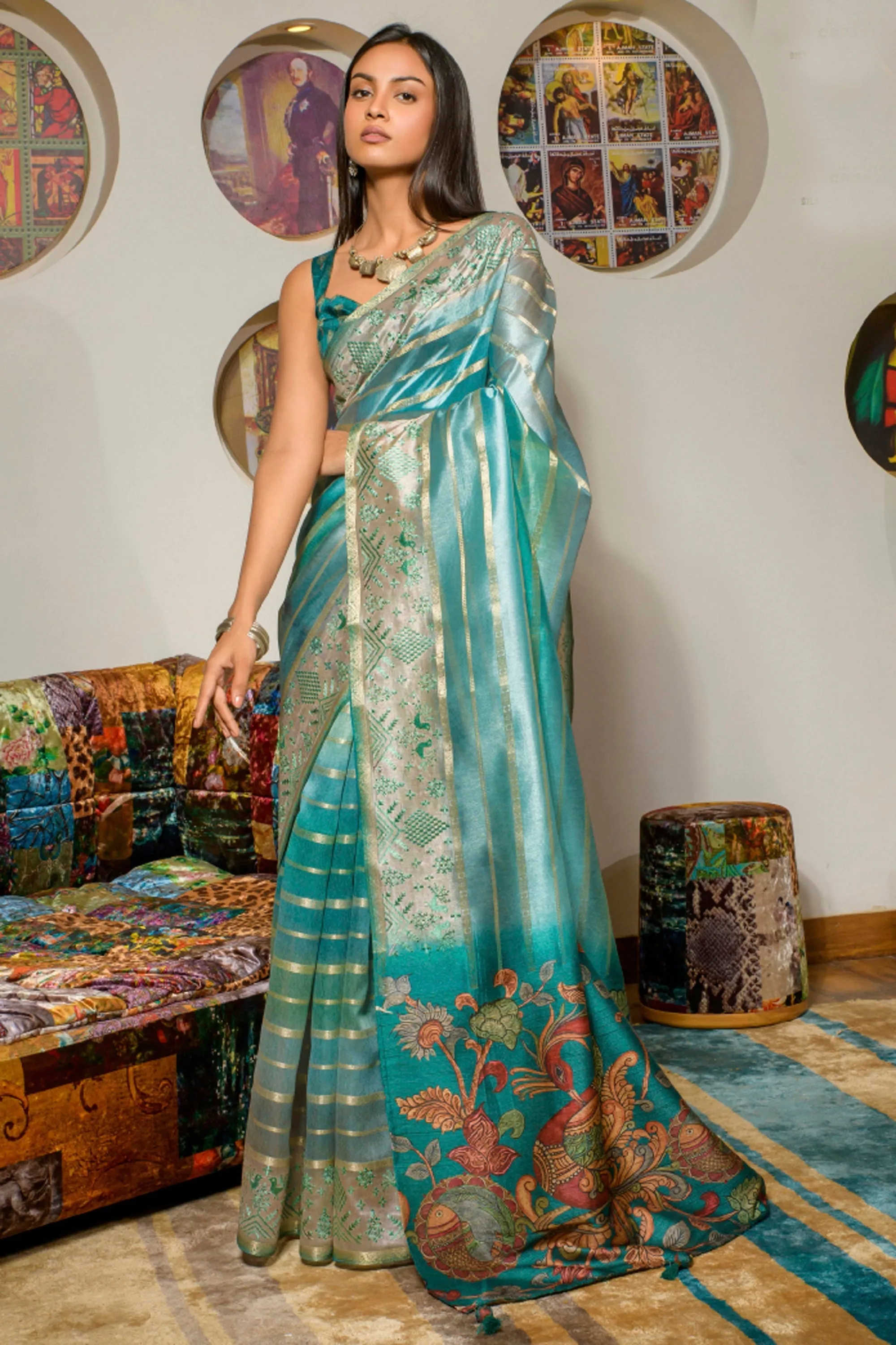 Delicate Multi Color Organza Fabric Printed Festive Wear Saree