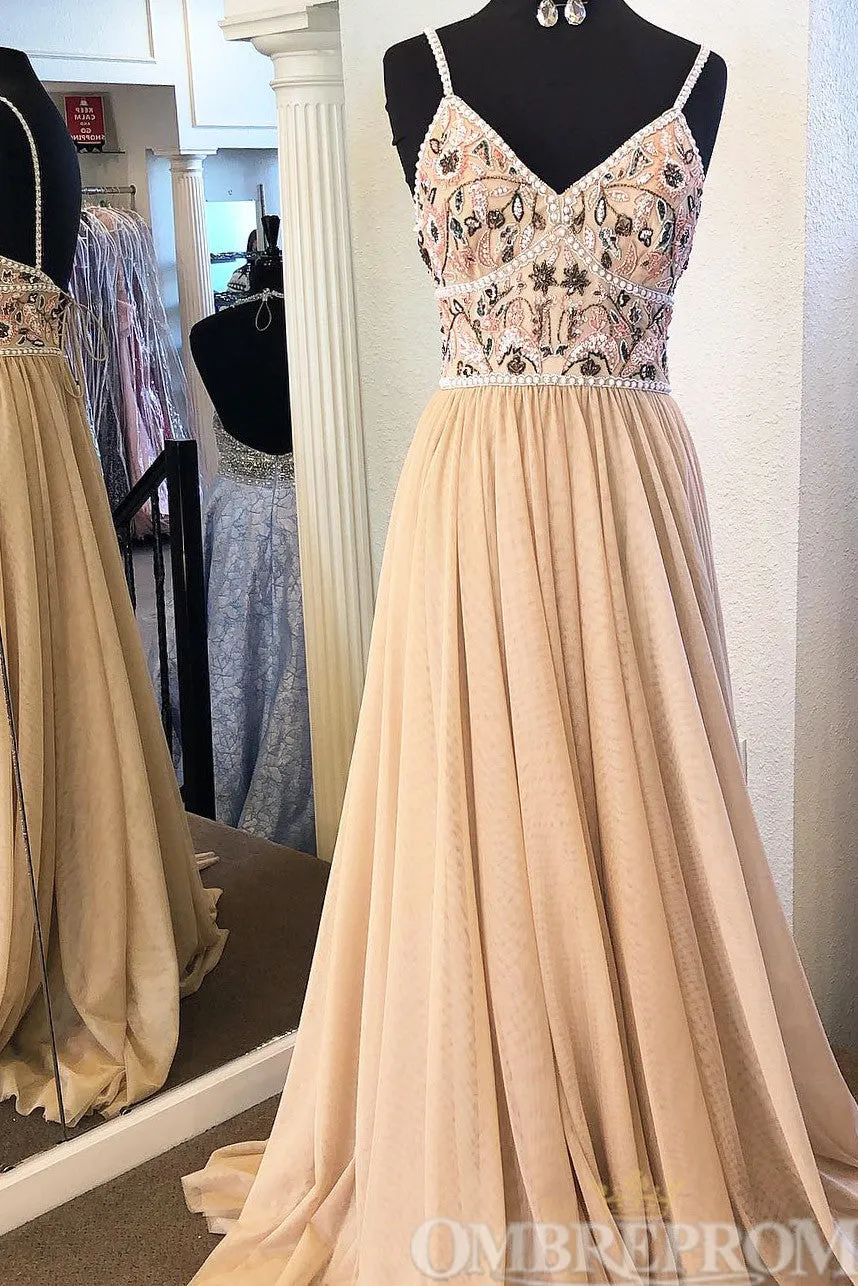 Delicate Spaghetti Straps V Neck A Line Prom Dresses