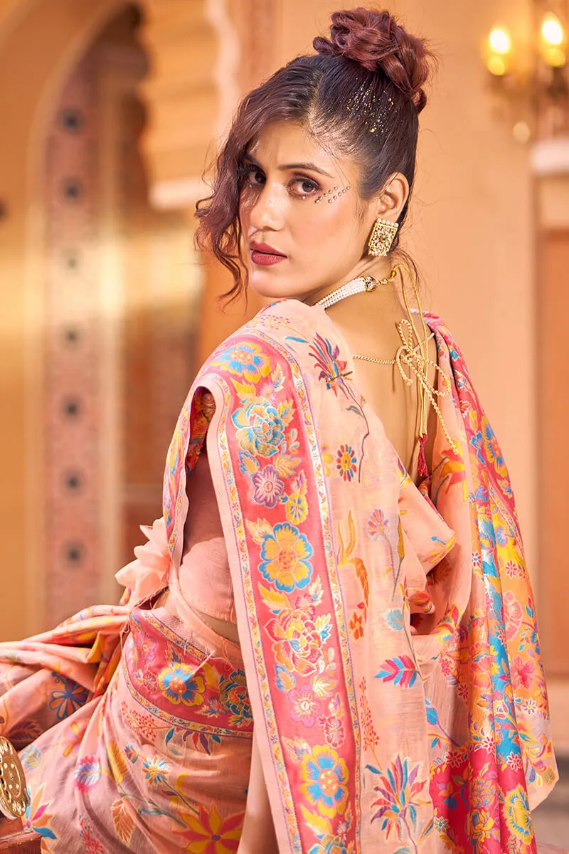 Excellent Peach Linen Silk Saree With Jubilant Blouse Piece
