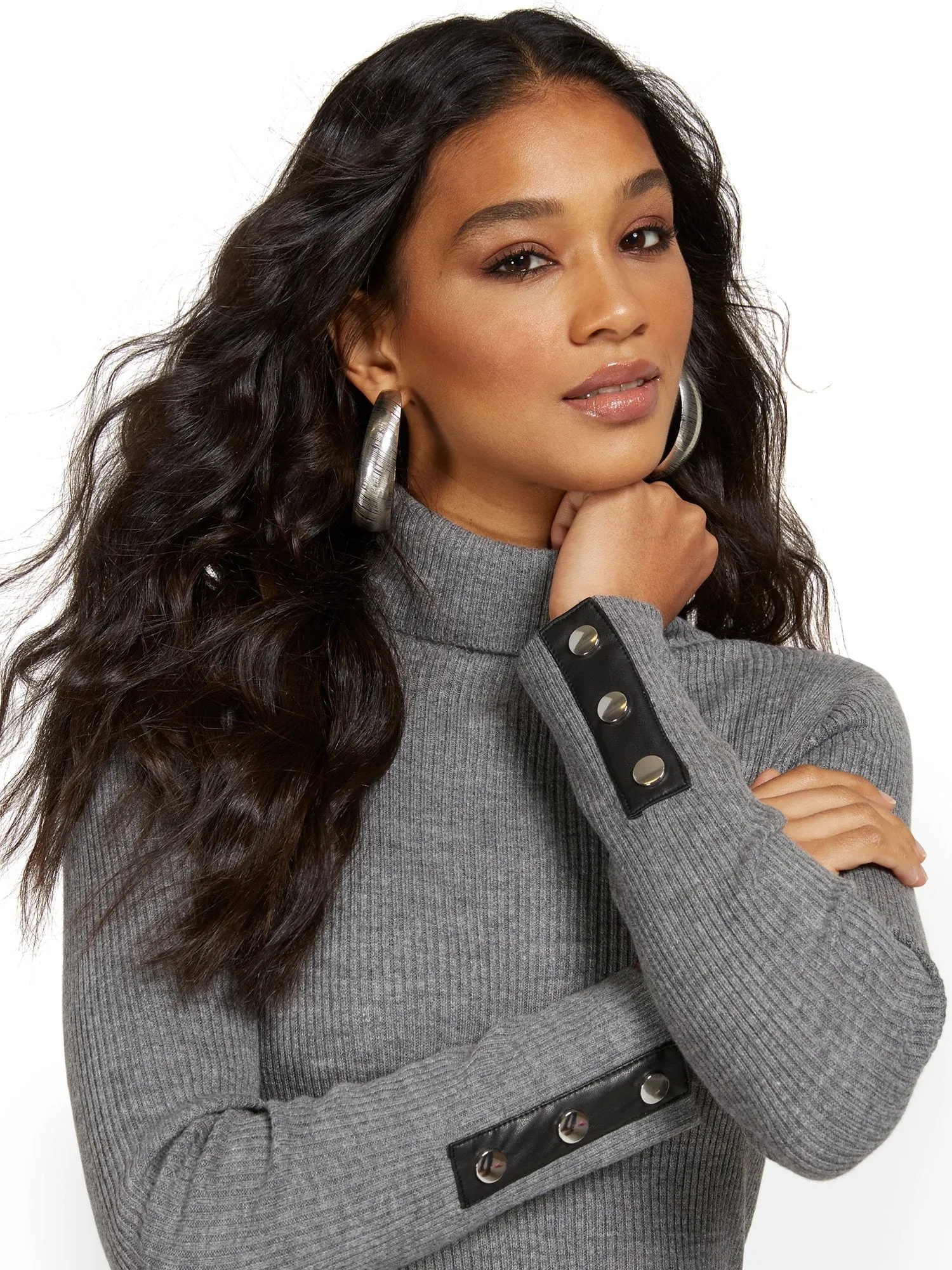 Faux-Leather Trim Turtleneck Dress