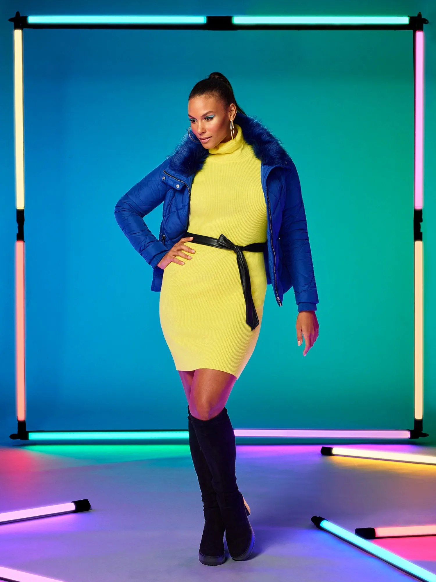 Faux-Leather Trim Turtleneck Dress
