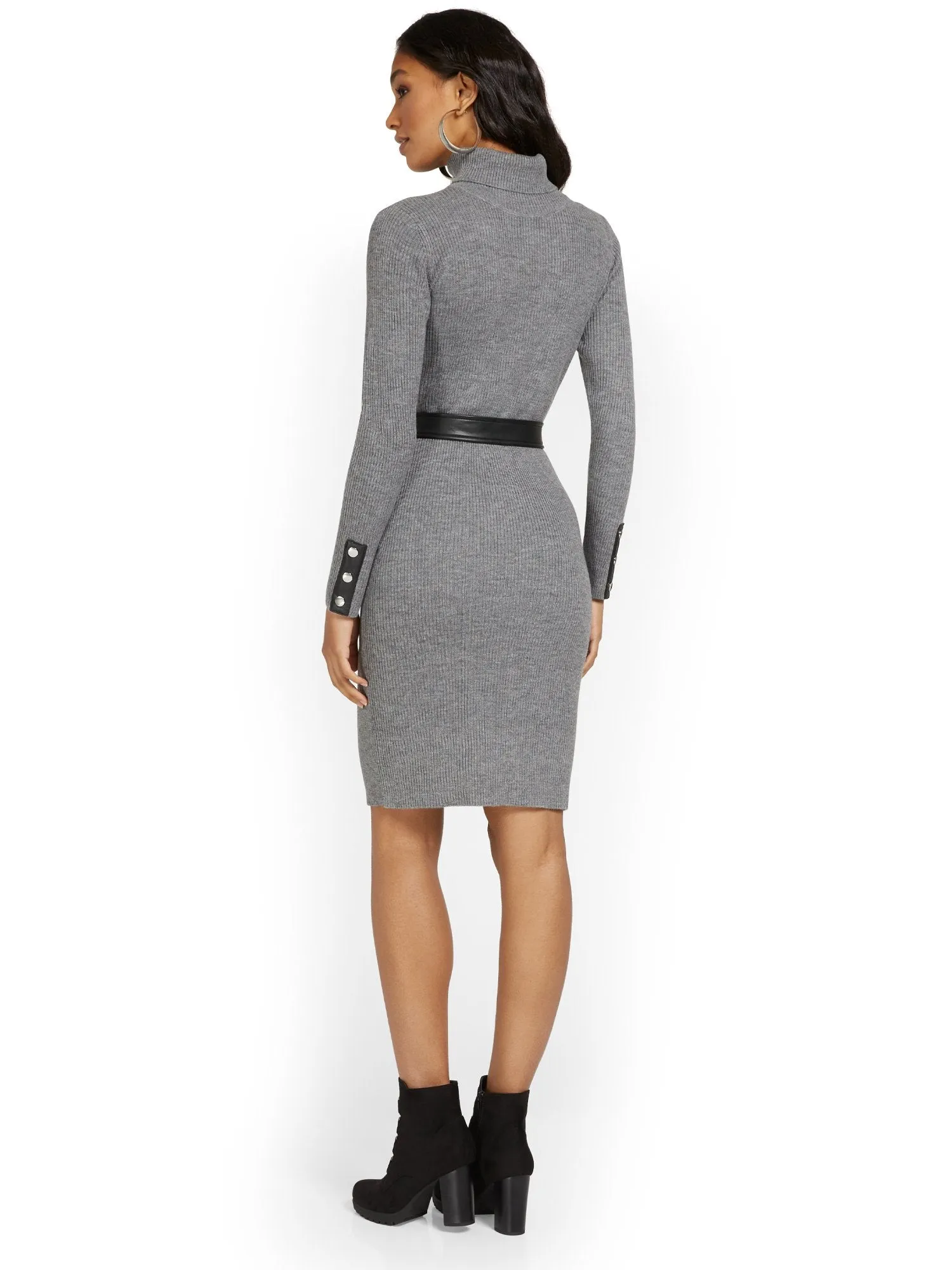 Faux-Leather Trim Turtleneck Dress
