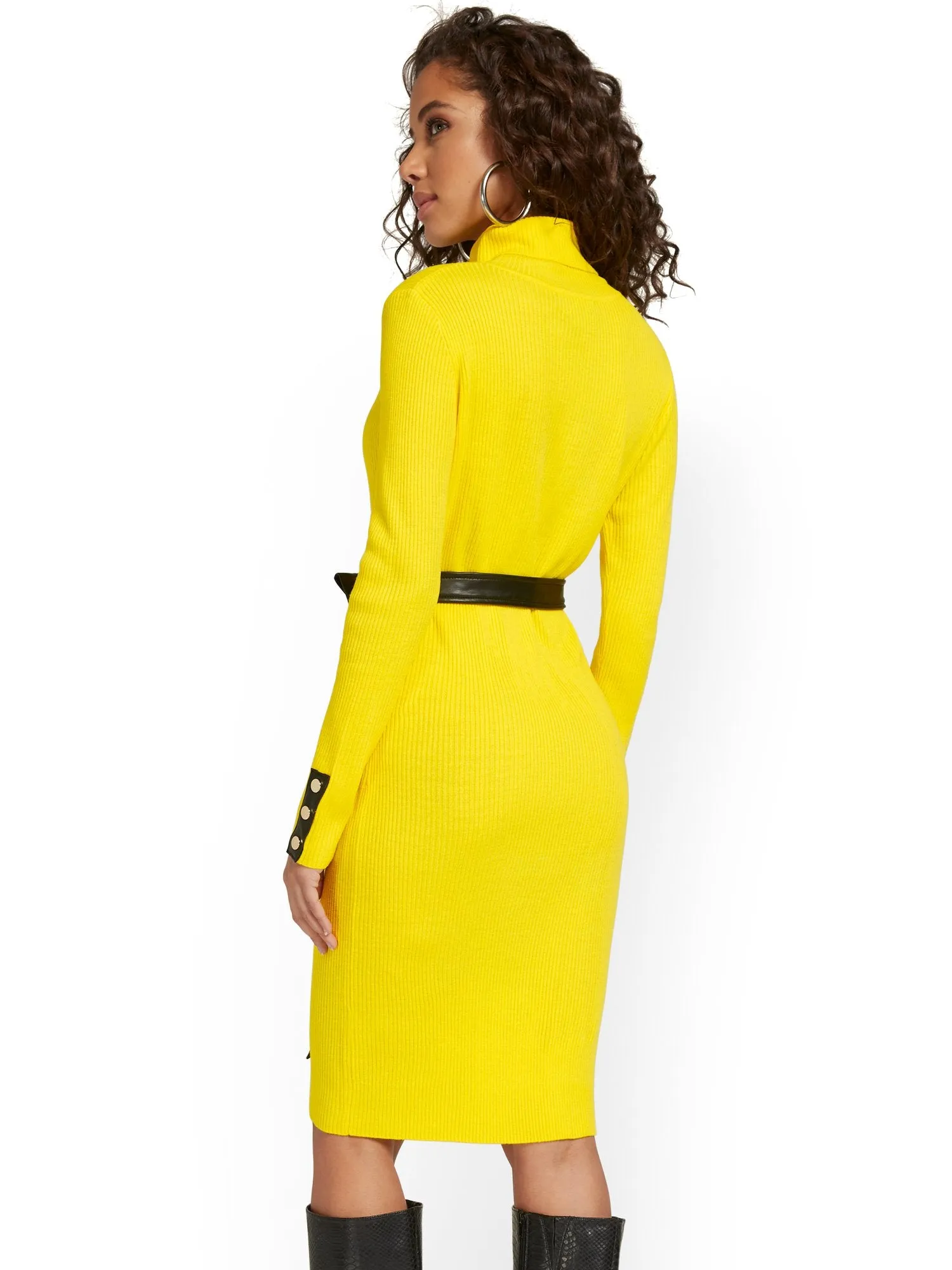 Faux-Leather Trim Turtleneck Dress