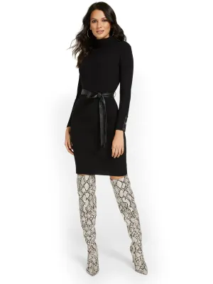 Faux-Leather Trim Turtleneck Dress