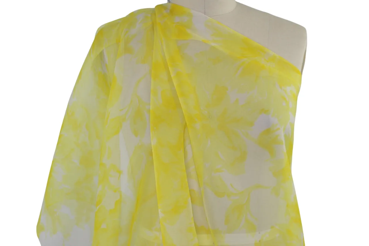 Floral Abstractions Printed Silk Organza - Yellow on White