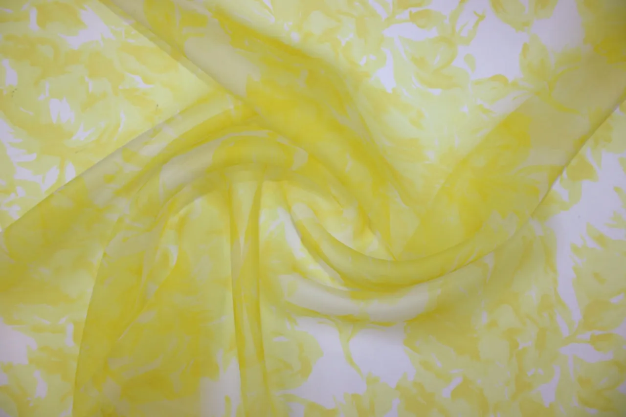 Floral Abstractions Printed Silk Organza - Yellow on White