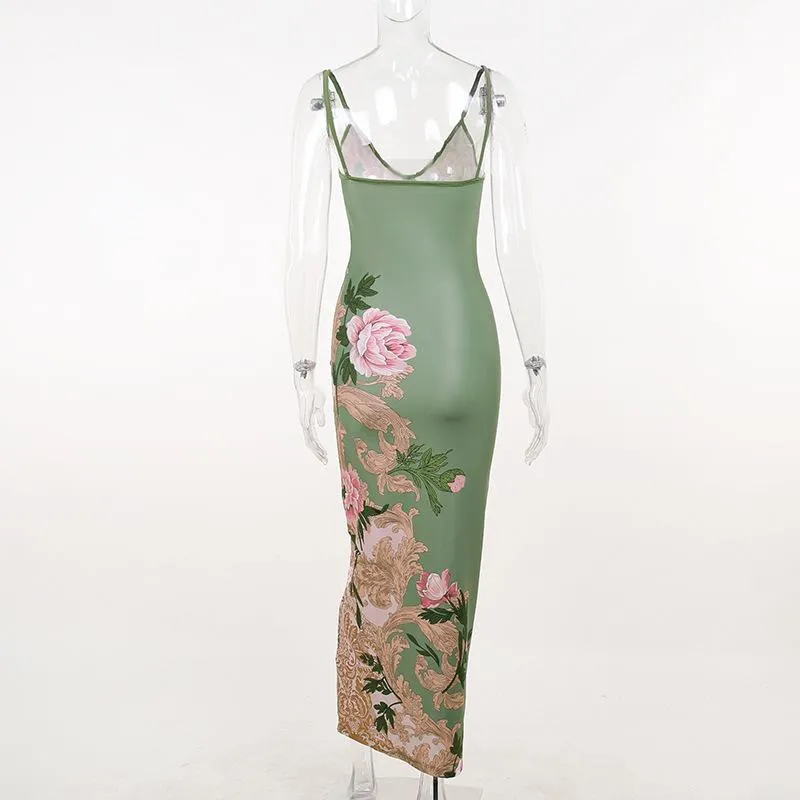 Flower print contrast v neck backless cami maxi dress