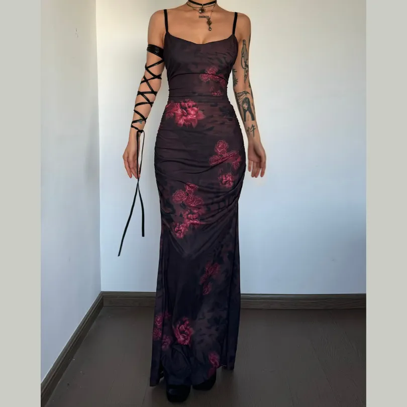 Flower print u neck contrast ruched slit backless cami maxi dress