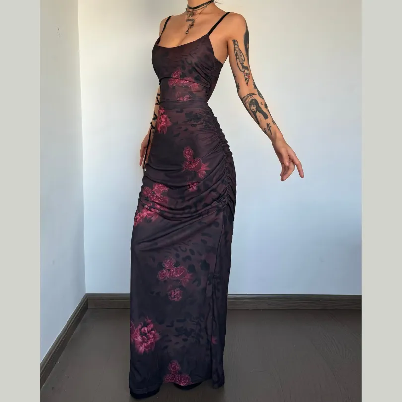Flower print u neck contrast ruched slit backless cami maxi dress