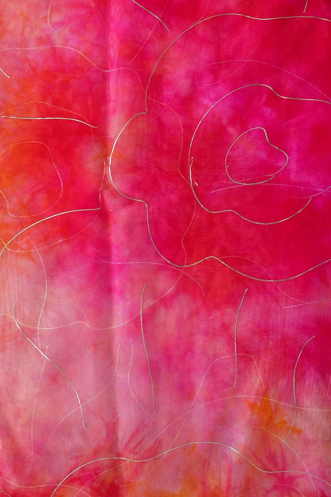 Fuchsia And Orange Tie & Dye Shibori Foil Print On Organza Fabric
