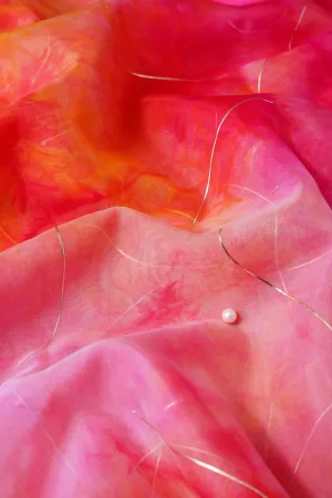 Fuchsia And Orange Tie & Dye Shibori Foil Print On Organza Fabric