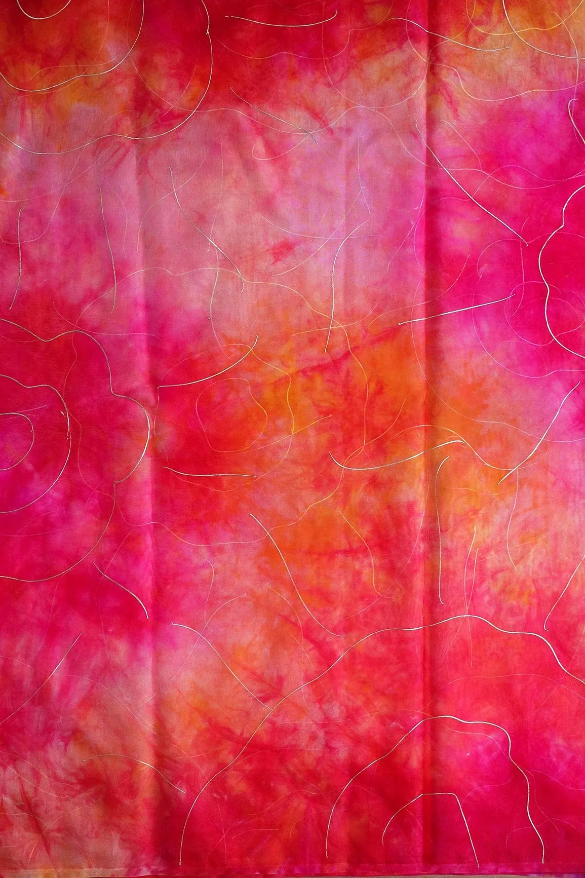 Fuchsia And Orange Tie & Dye Shibori Foil Print On Organza Fabric