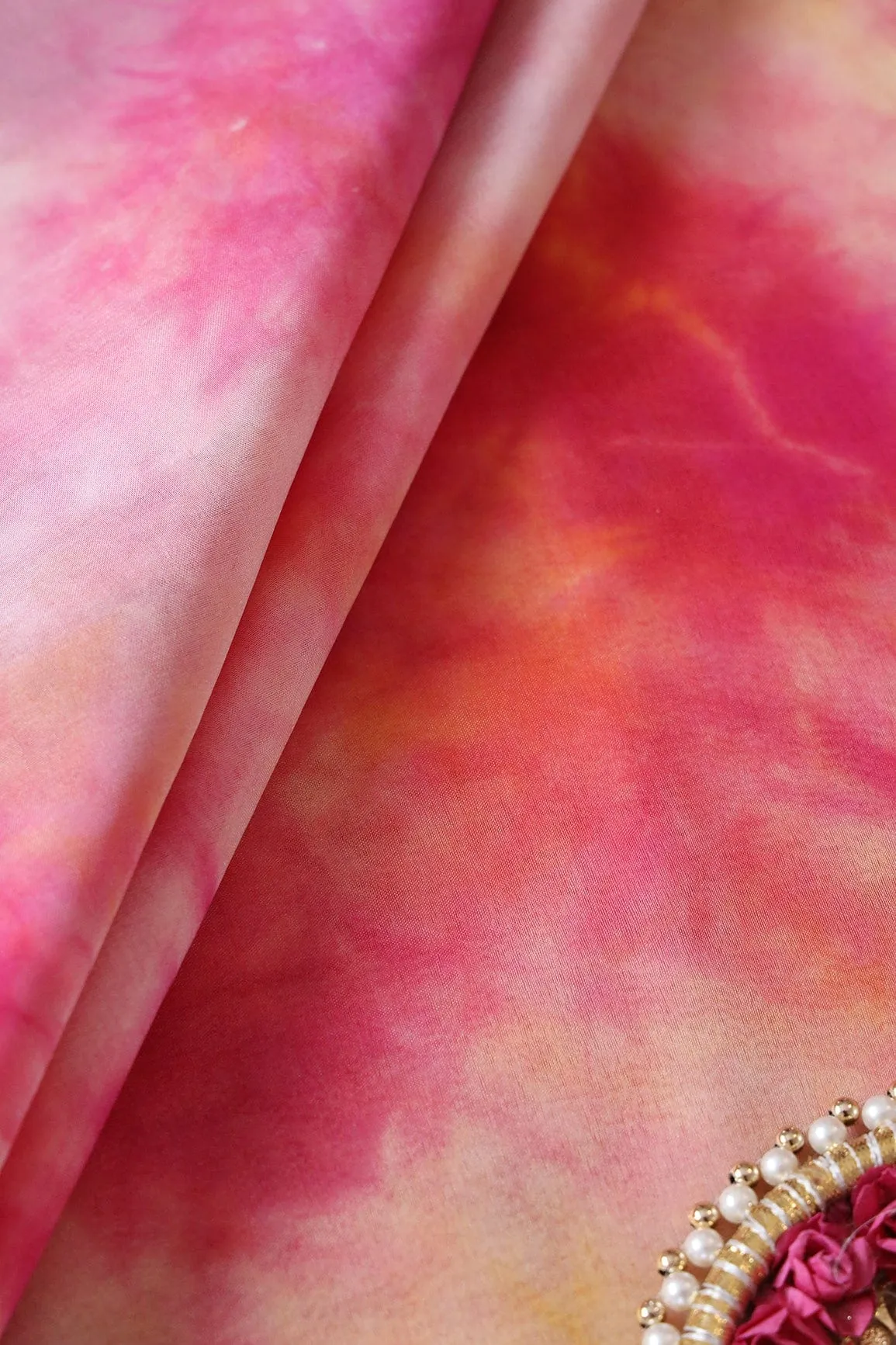 Fuchsia And Orange Tie & Dye Shibori Print On Organza Fabric