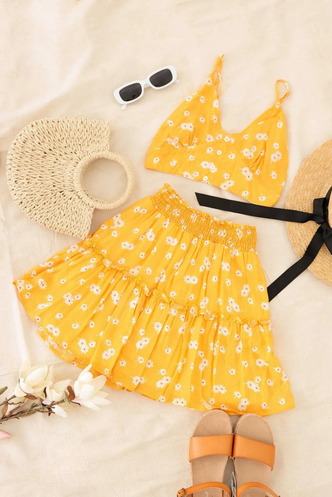 Girls Boho Floral Crop Sleeveless Top Ruffle Skirt Set