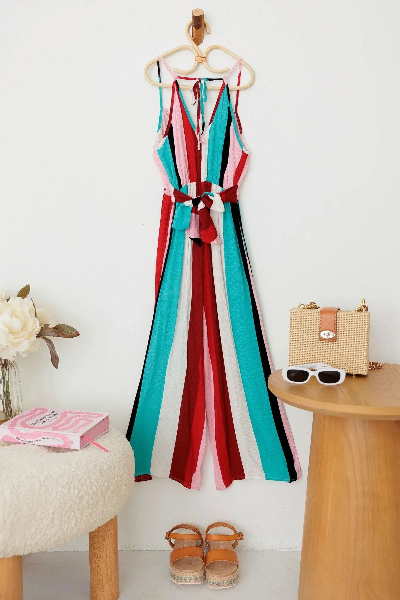 Girls Stripe Back Tie Pom Pom Sleeveless Jumpsuit
