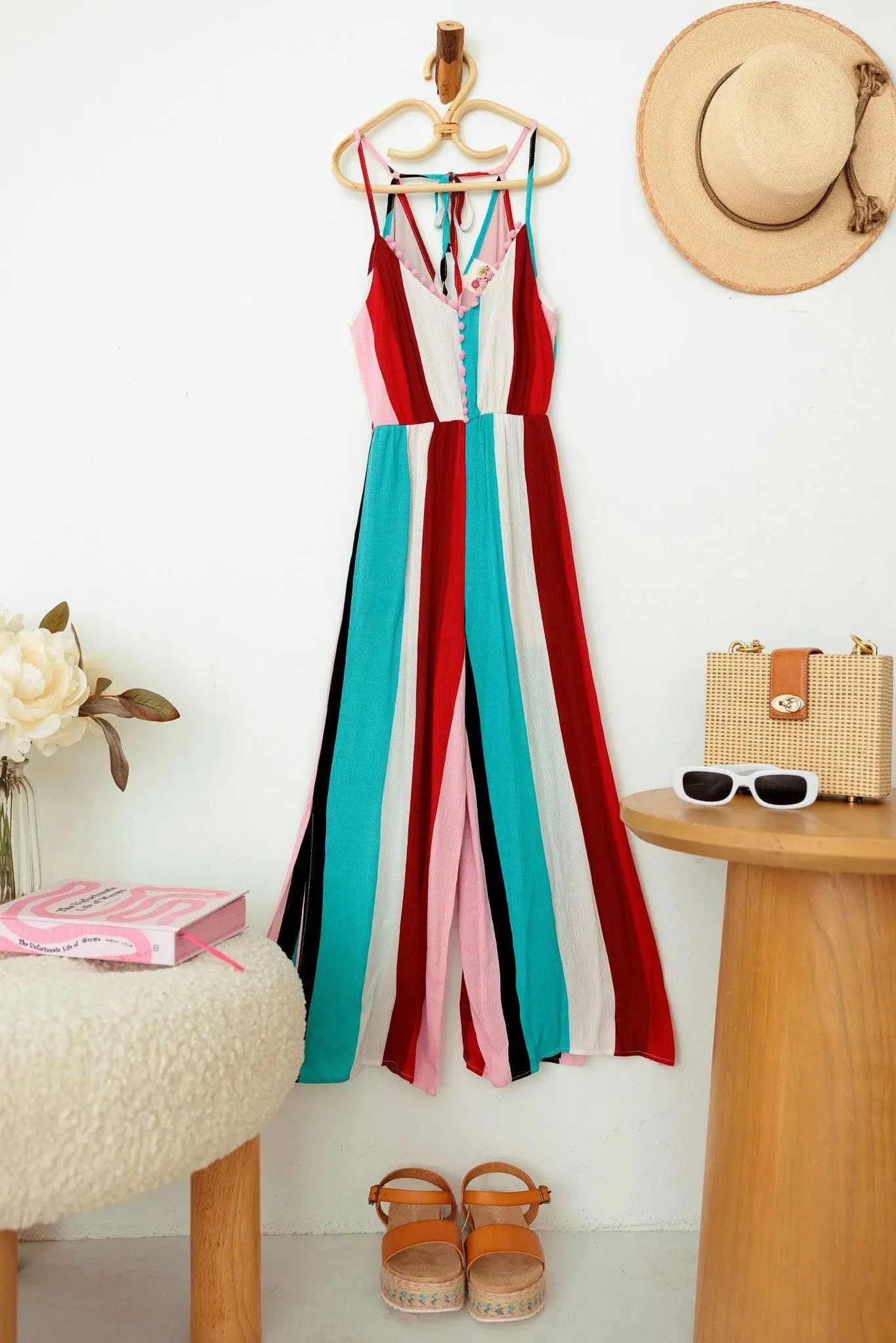 Girls Stripe Back Tie Pom Pom Sleeveless Jumpsuit
