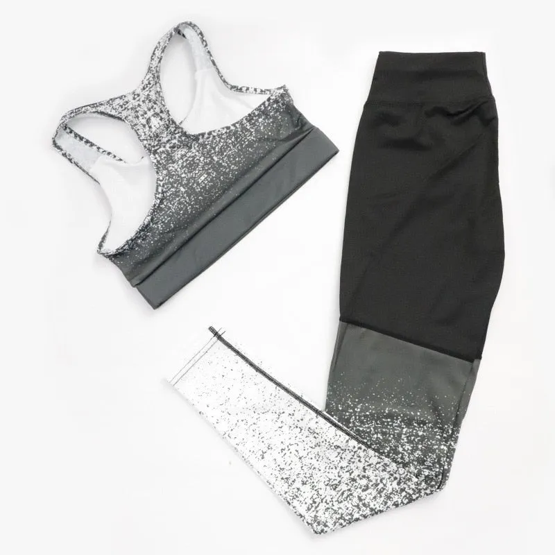 Gradient Print Leggings & Bra ombre Stretchy Running Gym Suits