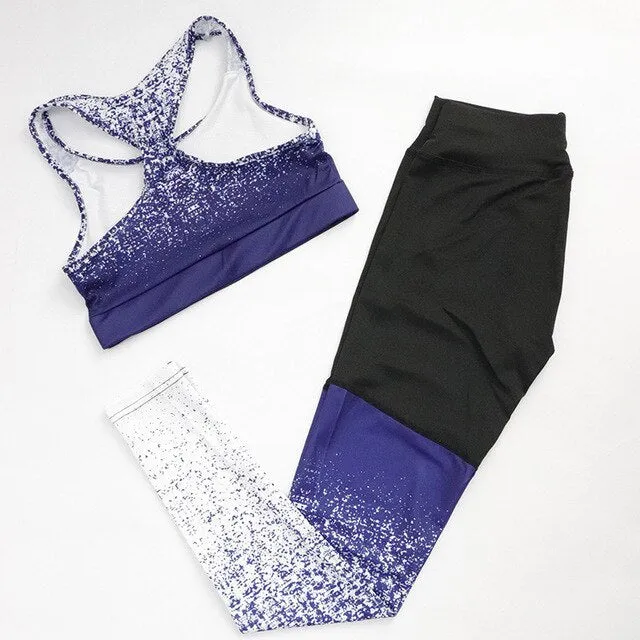 Gradient Print Leggings & Bra ombre Stretchy Running Gym Suits