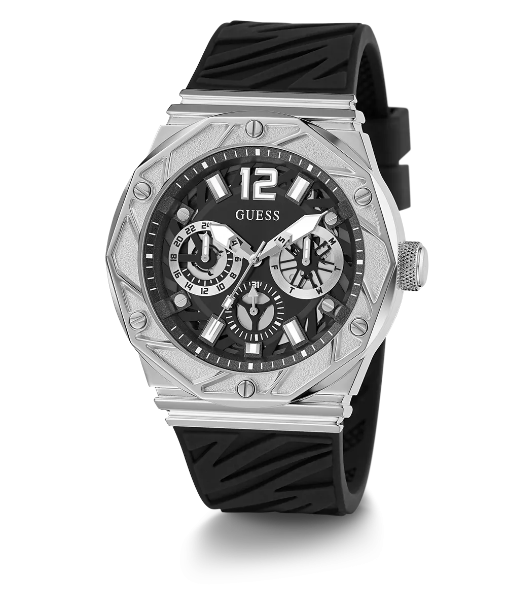 GUESS Mens Black Silver Tone Multi-function Watch
