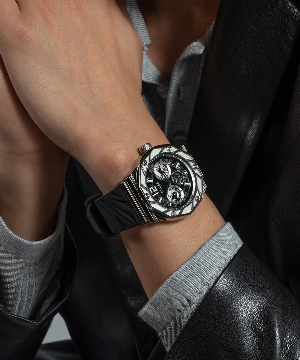 GUESS Mens Black Silver Tone Multi-function Watch