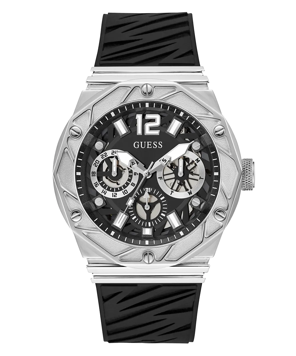 GUESS Mens Black Silver Tone Multi-function Watch