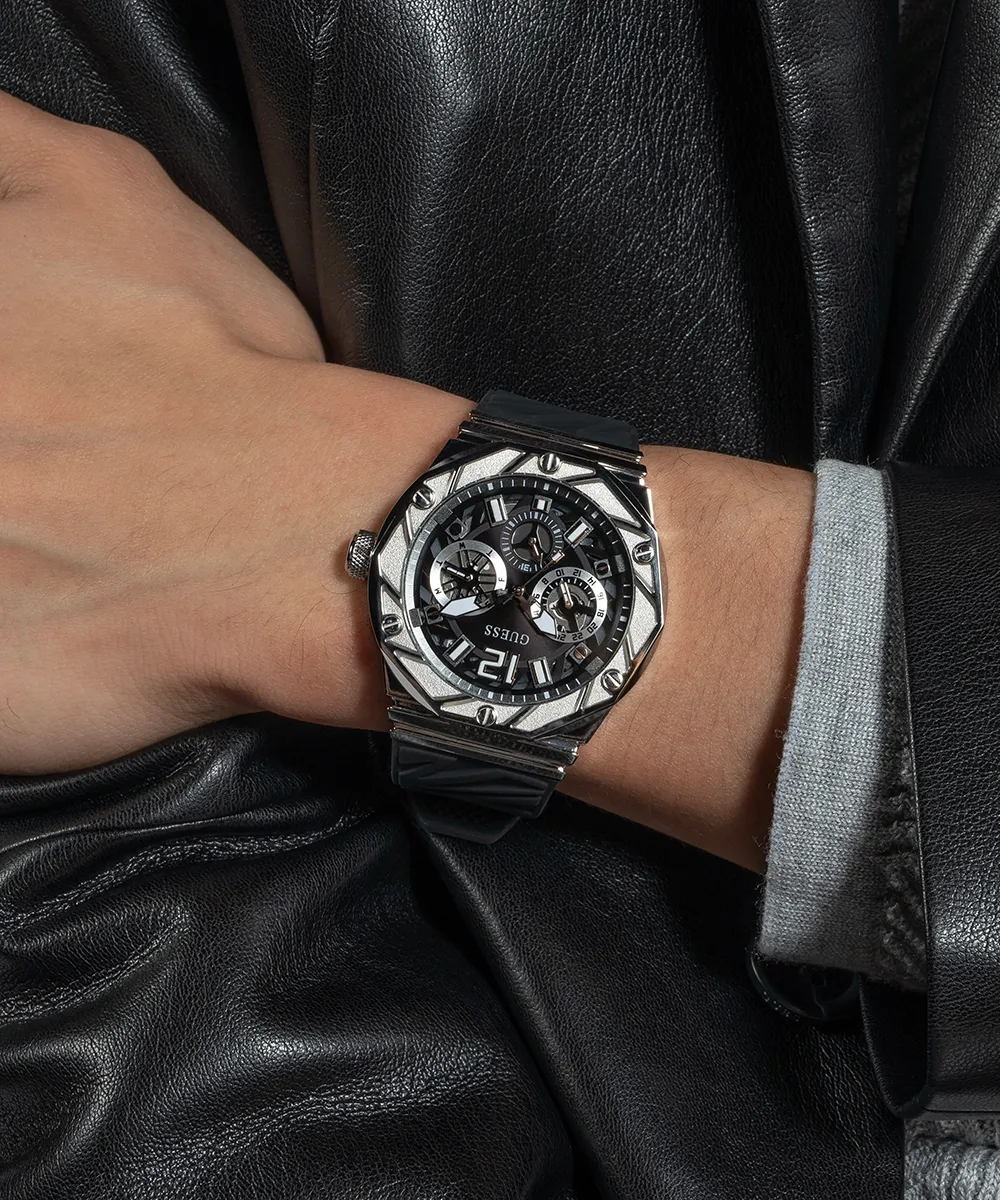 GUESS Mens Black Silver Tone Multi-function Watch