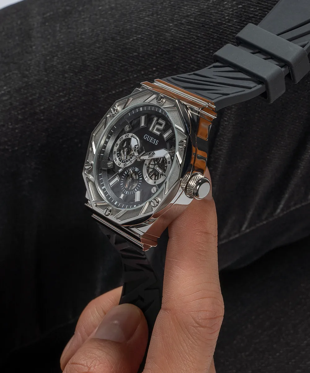 GUESS Mens Black Silver Tone Multi-function Watch