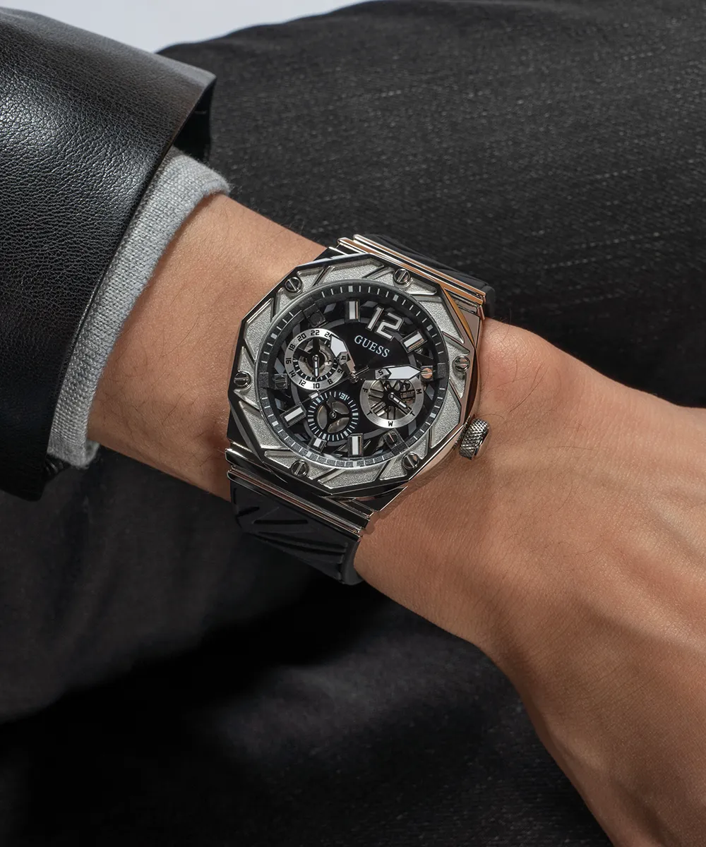 GUESS Mens Black Silver Tone Multi-function Watch