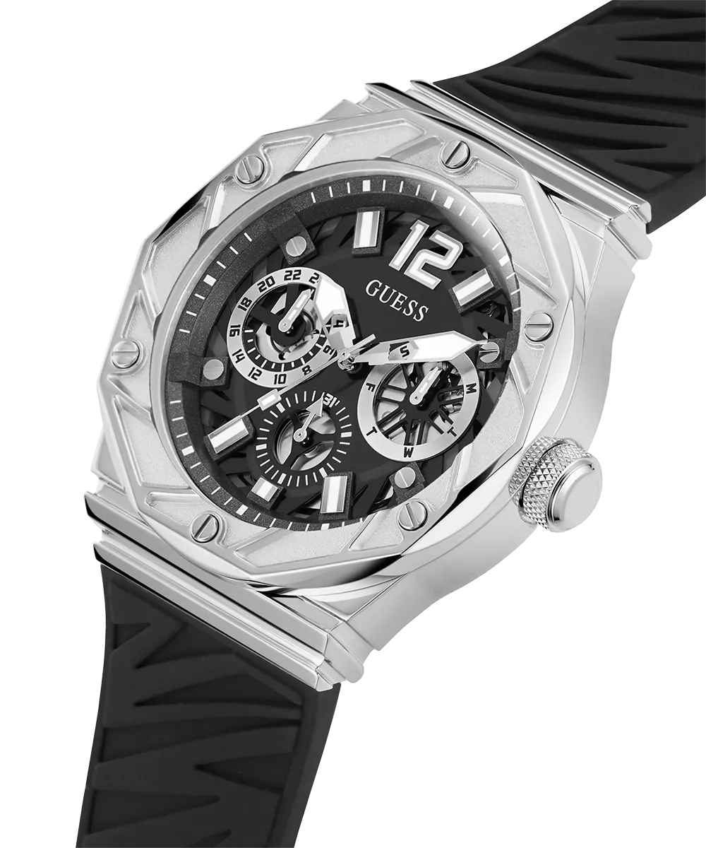GUESS Mens Black Silver Tone Multi-function Watch