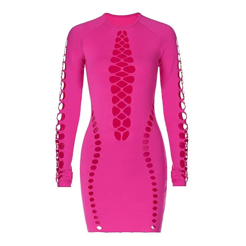 Hollow out long sleeve solid crewneck cut out mini dress